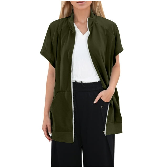 GPOECD Women's Lapel Zip Thread Pocket Sweatshirt Sleeveless Oversized Sweatshirt Green,S