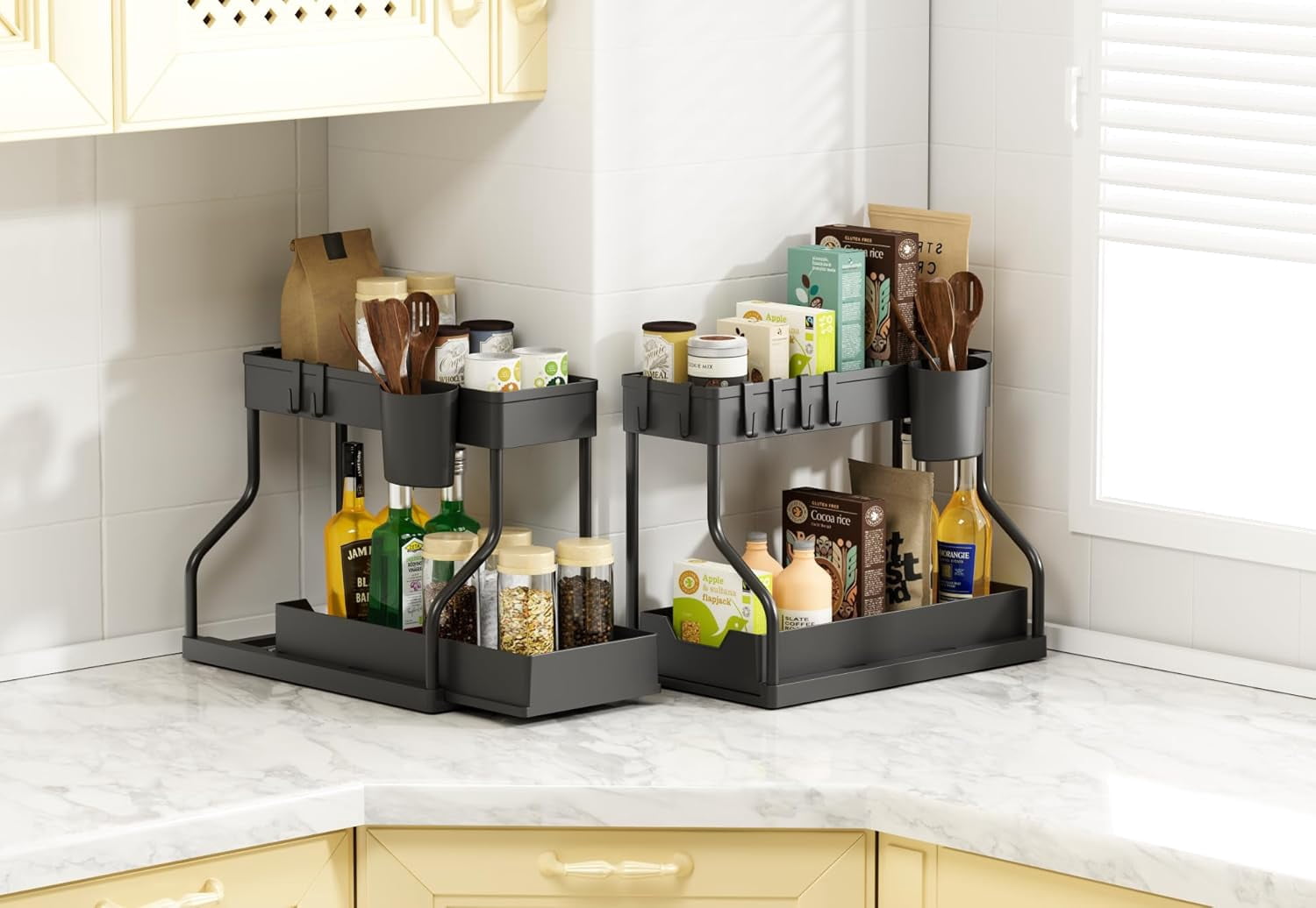 2 Set of 2-Tier Bathroom and Kitchen Under Sink Organizers and Storage - L-Shaped Design with Sliding Storage Drawer, Pull Out Cabinet Storage Shelves Maximize Space