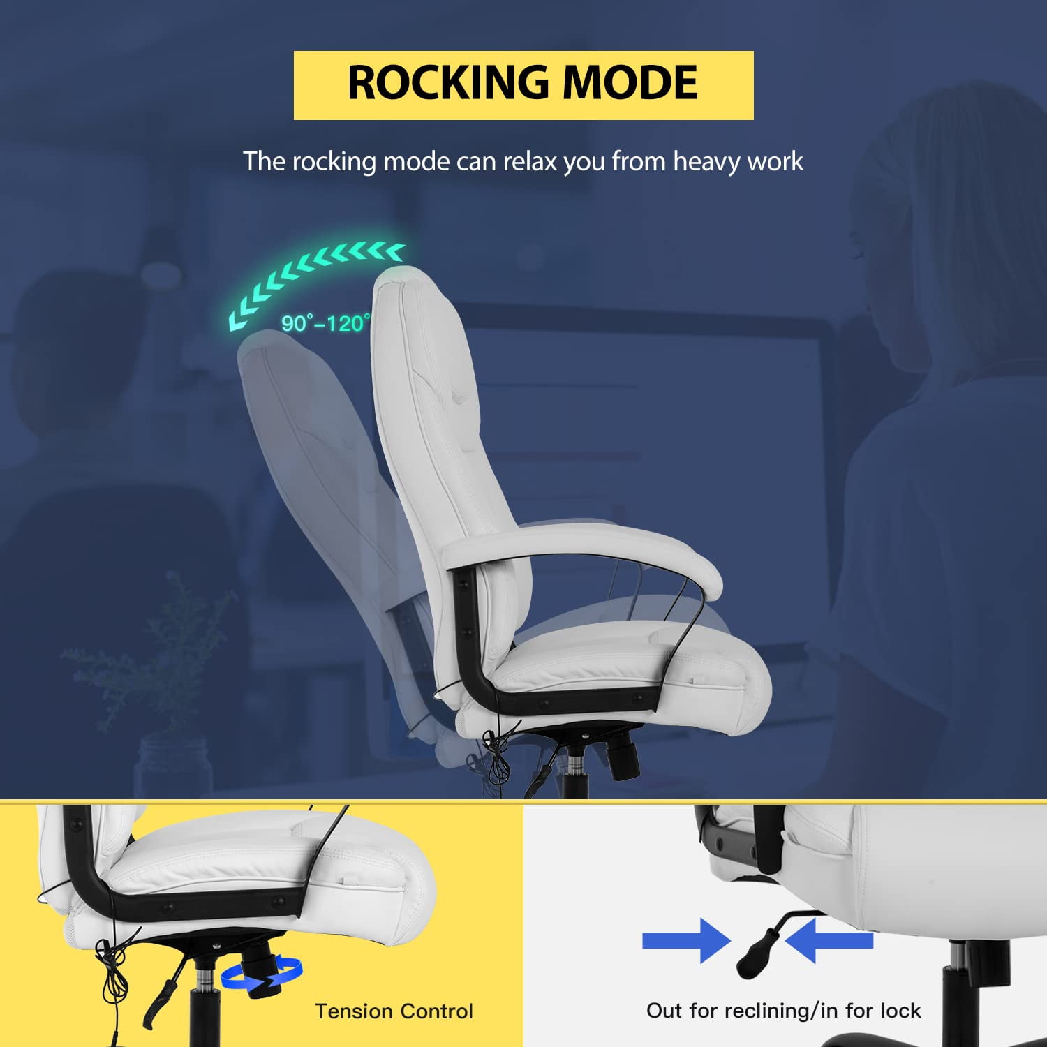 Big and Tall Executive Chair 500lb Capacity PU Leather Boss Office Desk Chair Heavy Duty High Back Computer Chair Thick Sponge Office Chair with 360°Quiet Swivel Wheels, White
