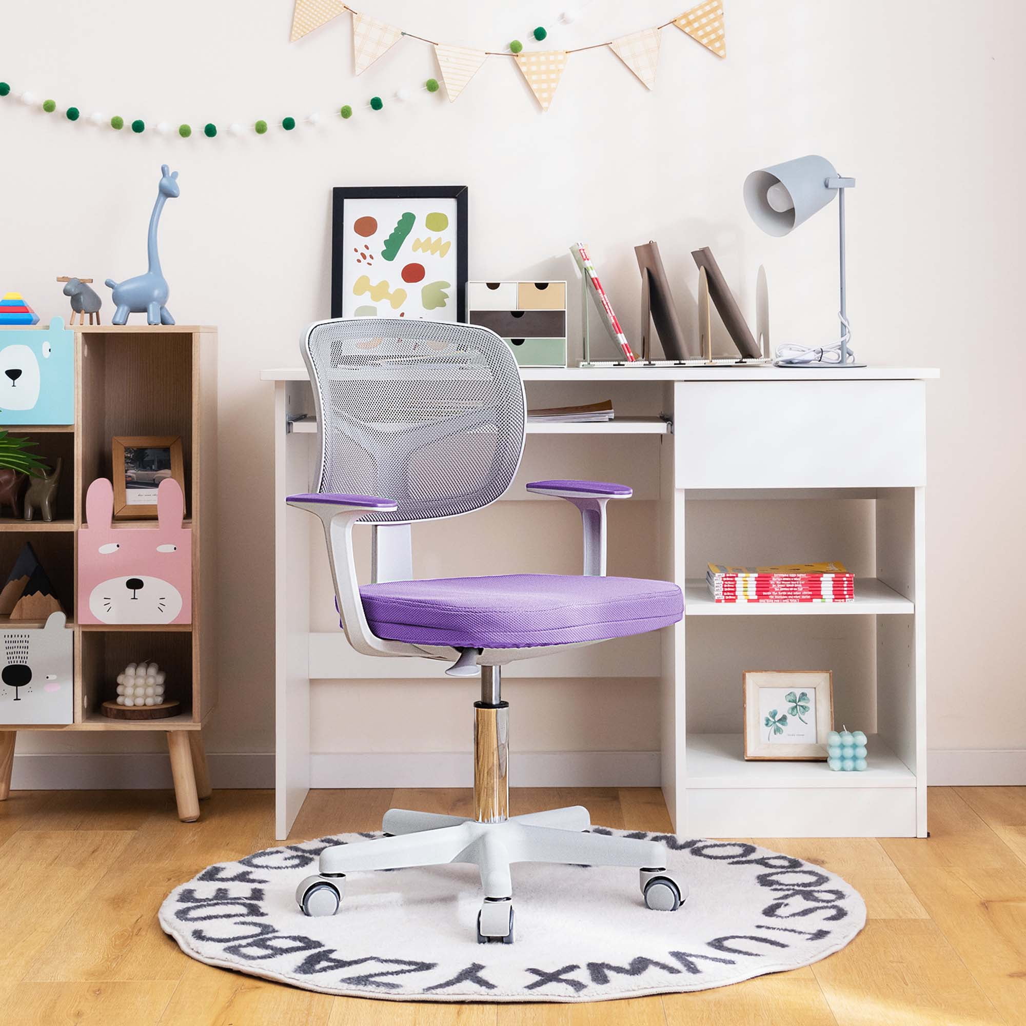 Costway Kids Mesh Armrests Height Adjustable 360-Degree Desk Chairs, Swive Purple