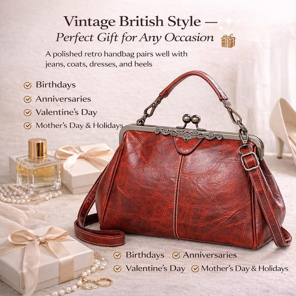 Kiss Lock Tote Handbag for Women, Vintage Frame Purse with Top Handle & Crossbody Strap, Structured Leather Shoulder Bag for Work, Daily, Travel