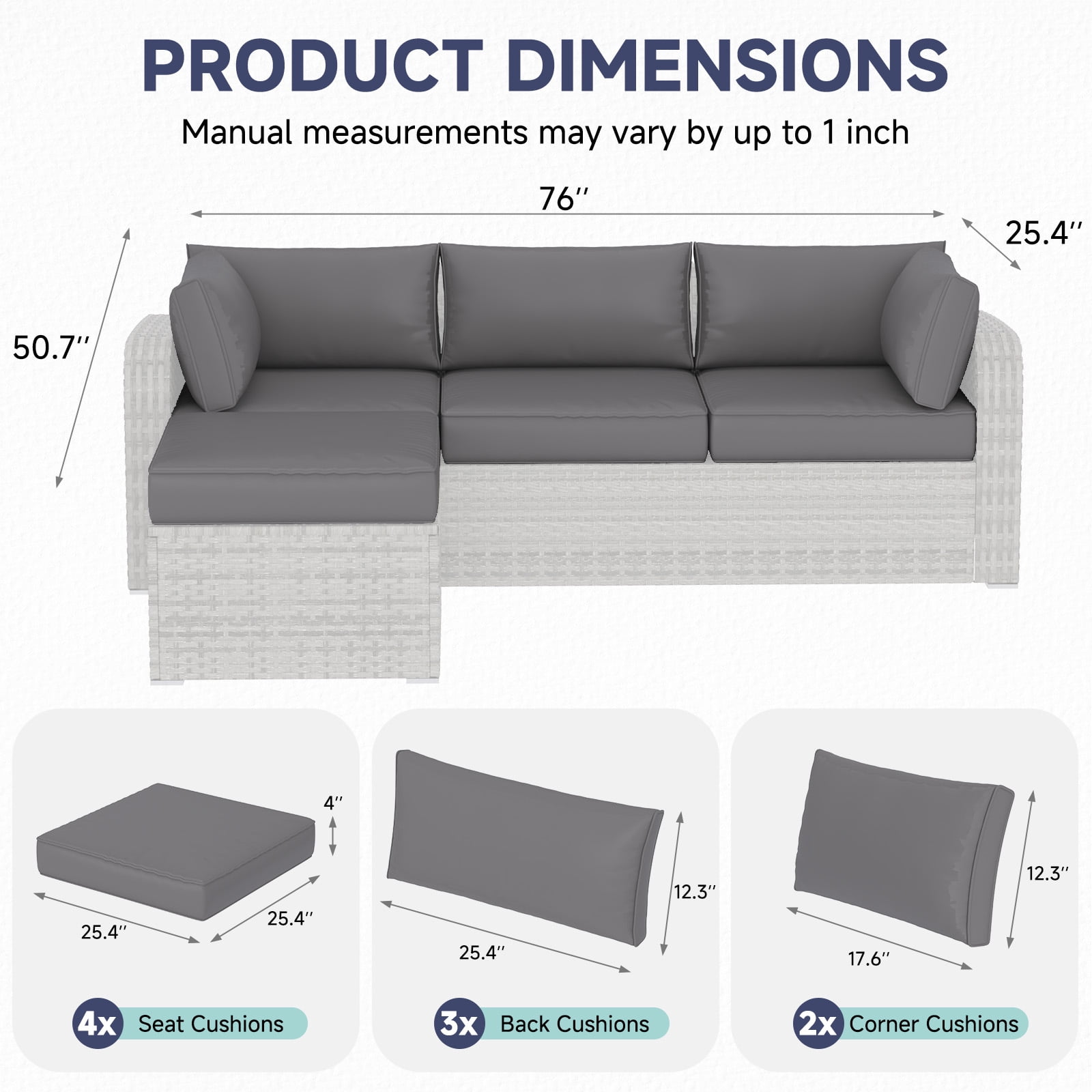 HOMREST Outdoor Replacement Cushions for Patio Furniture,Water-Repellent Sofa Cushion for 4-Seat Rattan Wicker Sectional Patio Conversation Sets,9-Piece Cushions Set for Outdoor Couch,Gray
