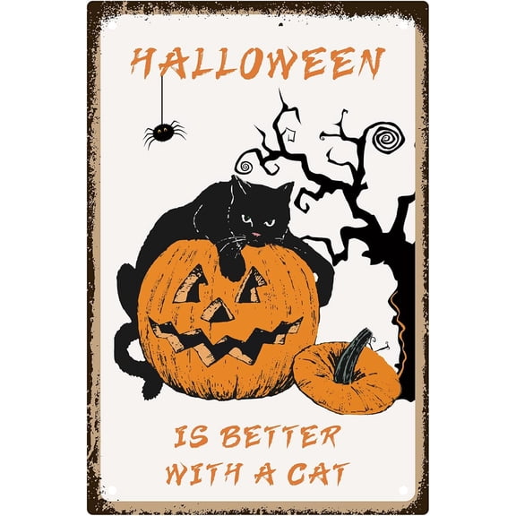 Metal Tin Sign Halloween Funny Hanging Wall Art Decor Black Cat Spider Pumpkin Retro Painting Plaques with Quotes for Party Home Bedroom Living Room Bathroom Office Cafe Pub Bar 8 x 12inch DIY