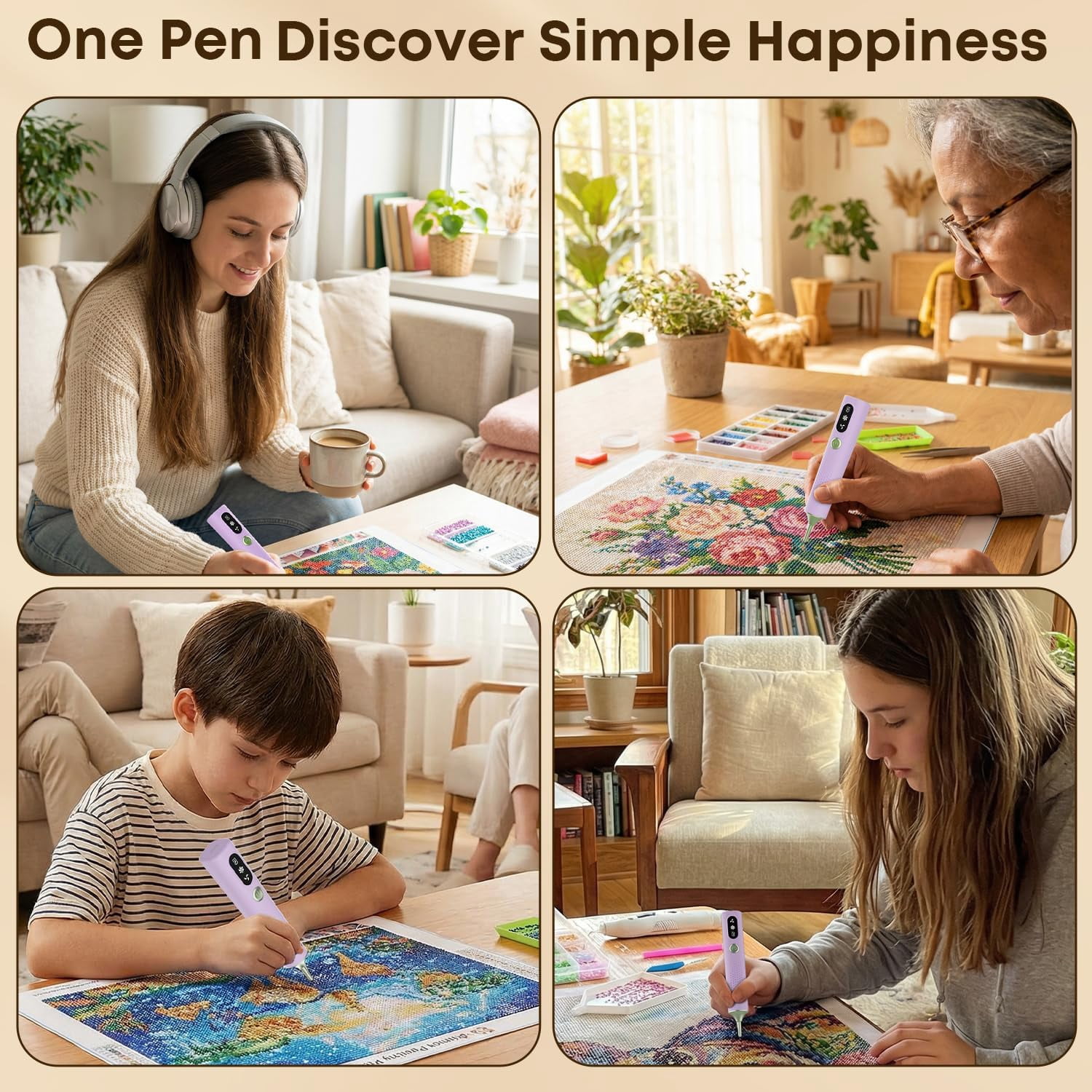 Cordless Vacuum Diamond Painting Pen with Adjustable Suction, No Wax Needed, Quiet Portable Tool for Adults, Purple
