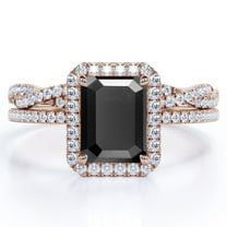 JeenMata 1.5 Carat Emerald Cut Lab Grown Black Diamond and Moissanite - 4 Prong Halo Set - Twisted Pave Wedding Ring Set - 18K Rose Gold Plating over Silver