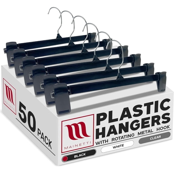 Mainetti Black Plastic Clothes Hangers 50 Pack | 12-Inch Space Saving Hangers with 360 Swivel Metal Hook & Non-Slip Clips | Closet Hangers Ideal for Pants, Skirts, Slacks and Shorts (6012BRSEMN50)