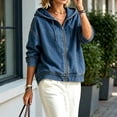 thumbnail image 5 of Women's Oversized Zip Hoodie Denim Jackets Casual Streetwear Long Sleeve Jean Tops Fall Winter Washed Coat Blue M, 5 of 6