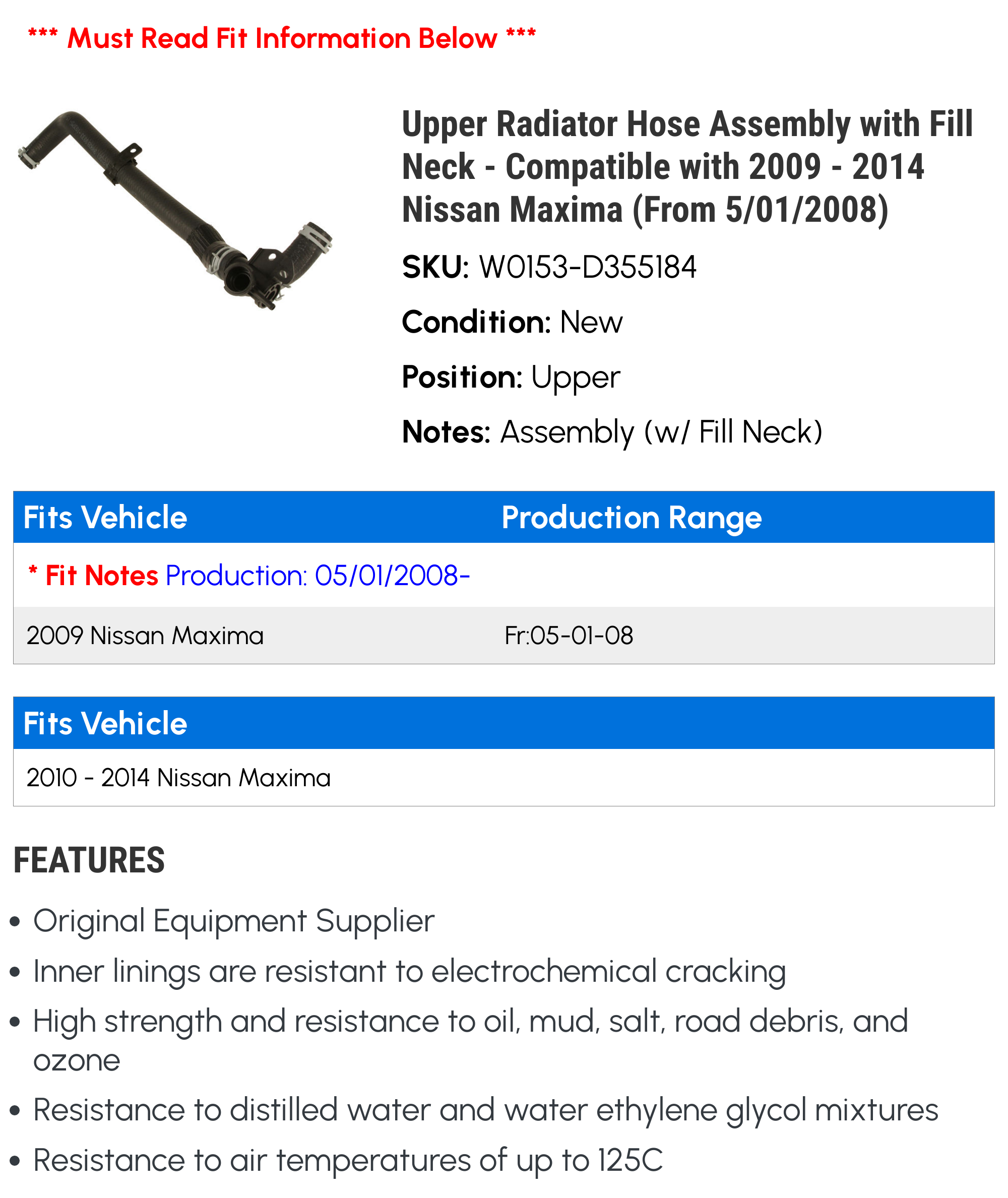 Upper Radiator Hose Assembly with Fill Neck - Compatible with 2009 - 2014 Nissan Maxima (From 5/01/2008) 2010 2011 2012 2013