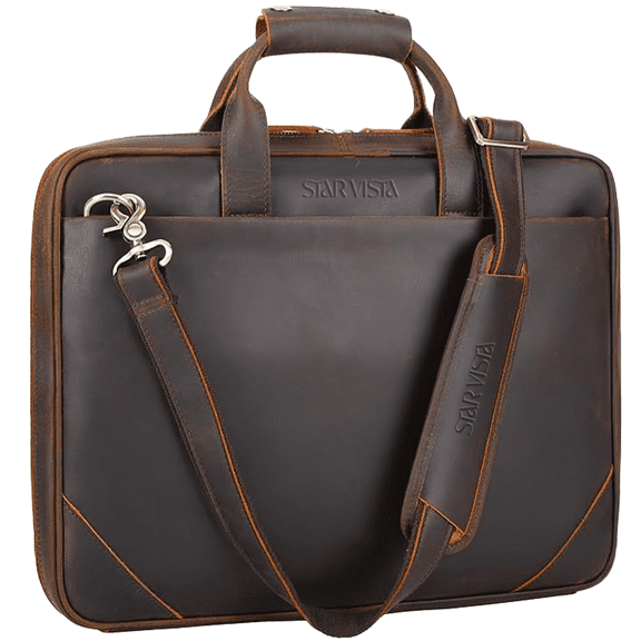 STAR VISTA Vittorio Slim Laptop Messenger Bag, Full Grain Leather Briefcase for Men, Dark Brown, Fits 15.6" Laptop, YKK Zippers and Brass Hardware