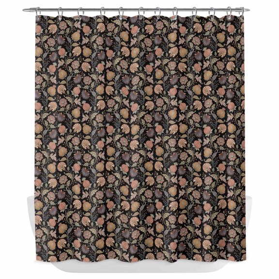 Orange Botanical Shower Curtain - Water Repellent Fabric Shower Curtains Washable, Antique Aesthetic Floral Blossom Black Decorative Polyester Cloth Bathroom Curtains Modern Bath Decor 72"x72"