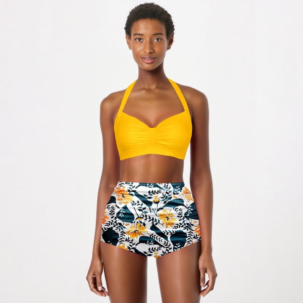 Bikini Mujer Traje de Baño Conjunto de Bikini Push Up Sexy Para Mujer, Traje de Baño de Dos Piezas de Cintura Alta, Tankini Con Estampado Retro Fruncido, Para Playa, Piscina y Fiesta 1852