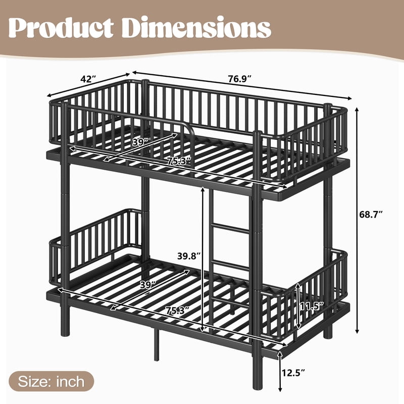 Twin-over-Twin Teens Bunk Bed Can Transformed into 2 Platform Beds, Metal Kids Bed Frame with Round-Pipe, Ladder & Guardrails