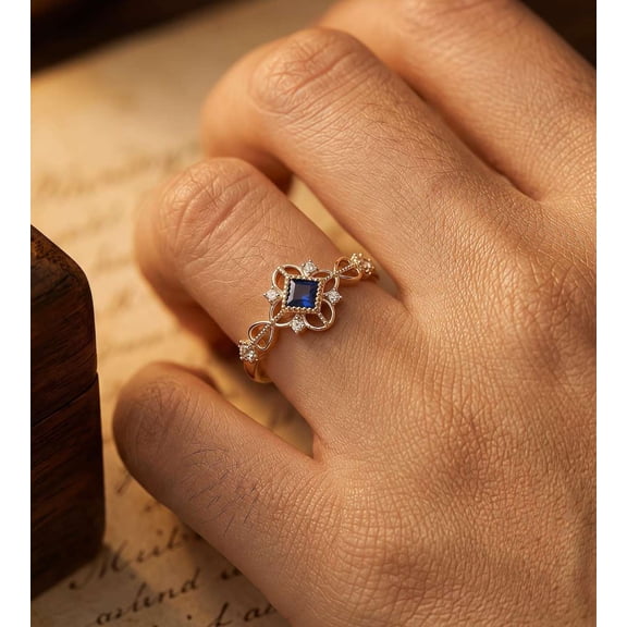 vylahjewellery Mother's Day Gift for Women Birthstone Blue Princess Shape Engagement Proposal Ring 10K Vermeil Yellow Gold Wedding Ring Anniversary Promise Rings