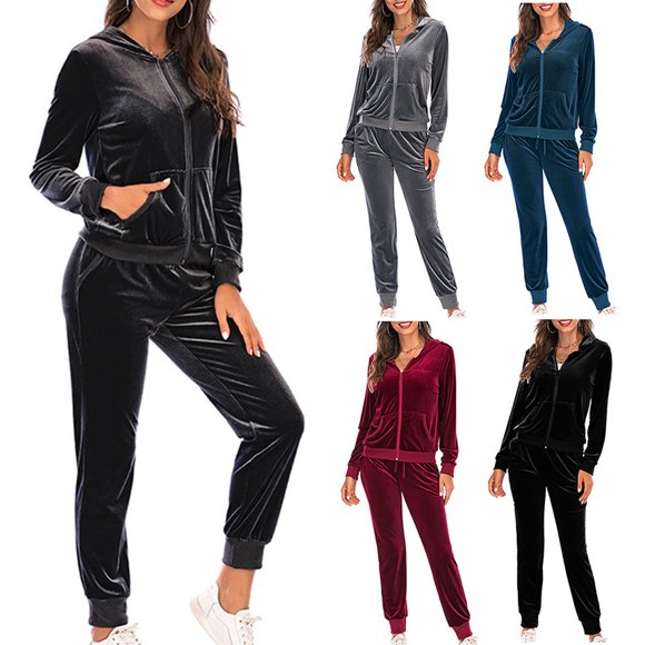 Wiyuqeen Velvet Sweatsuits Women 2 Piece Outfit Vintage Solid Tracksuits Sets Full Zip Hoodies Cinch Bottom Joggers with Pocket