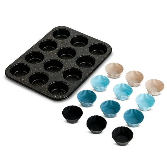 Thyme & Table 12 Cup Nonstick Muffin Pan with Silicone Baking Cups - Black
