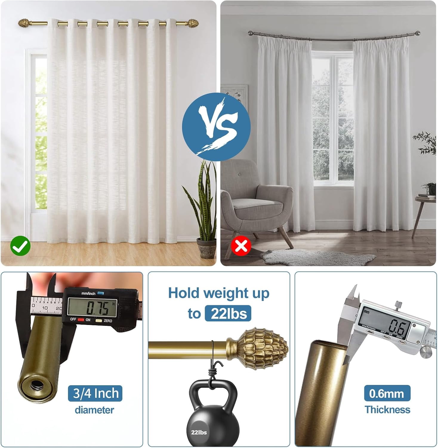 Urbanest Adjustable Single Curtain Rod Set with Pinapple Finials – 3/4-Inch Diameter, With Renaissance Gold Rod, 48–84 Inches