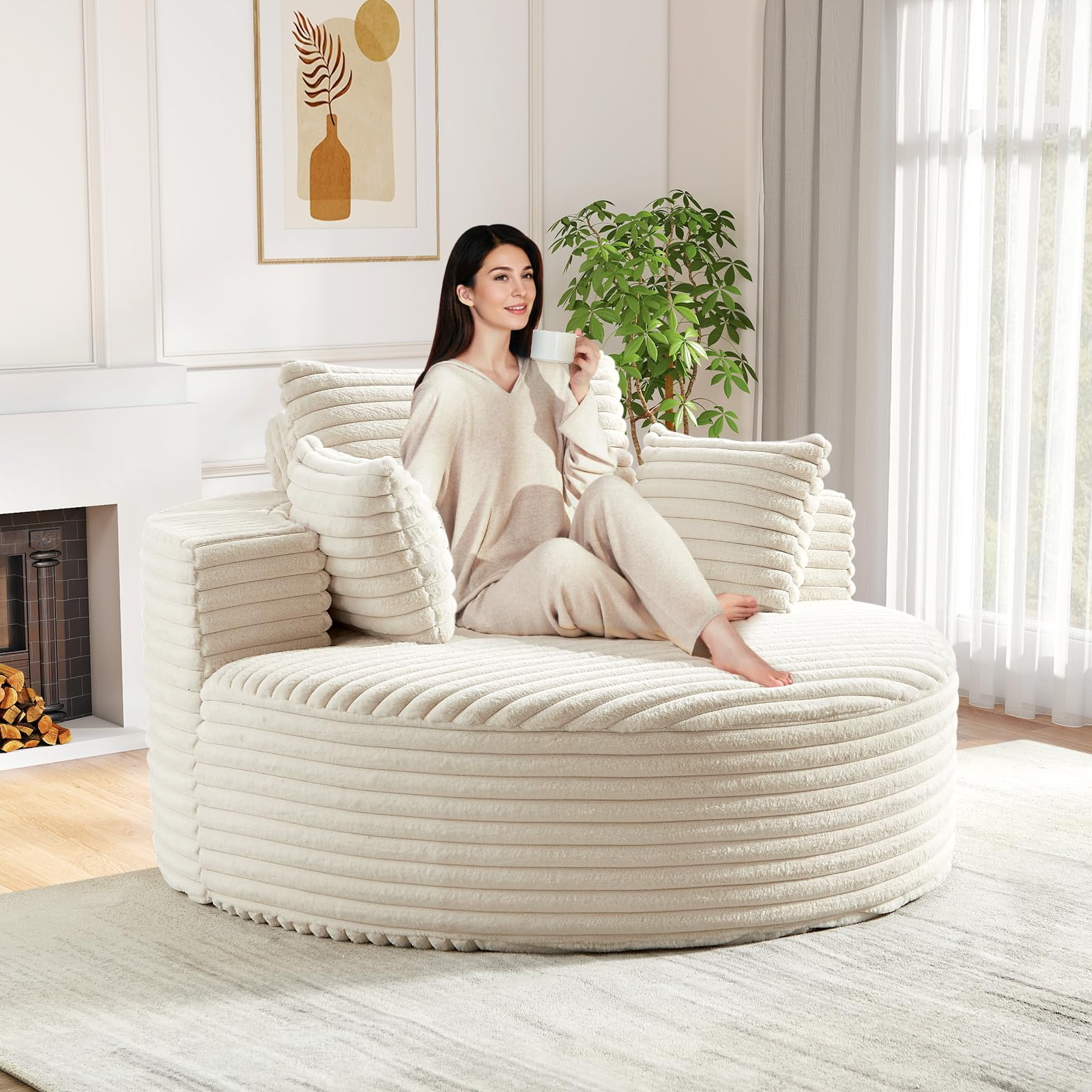 Aukfa 55" Oversized Round Chaise Lounge Chair Indoor, Corduroy Upholstered Sleeper Chair with Deep Seat & Pillows, Beige