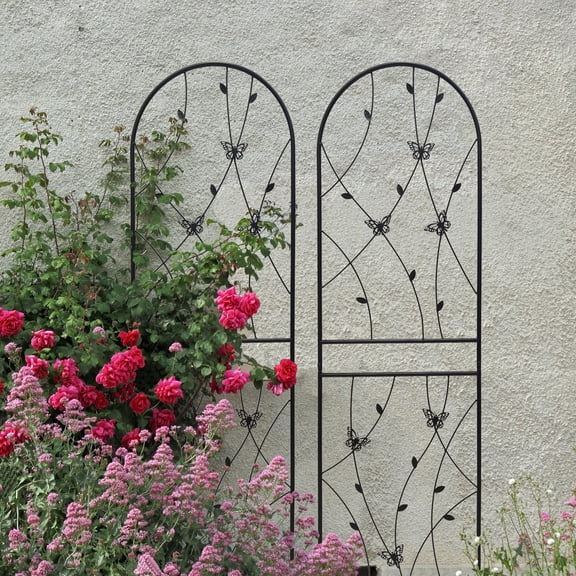 4 Pack 71" Metal Garden Trellis for Climbing Plants - Rustproof Outdoor Black Flower Support with Butterfly Decor, Durable Galvanized Tube Construction