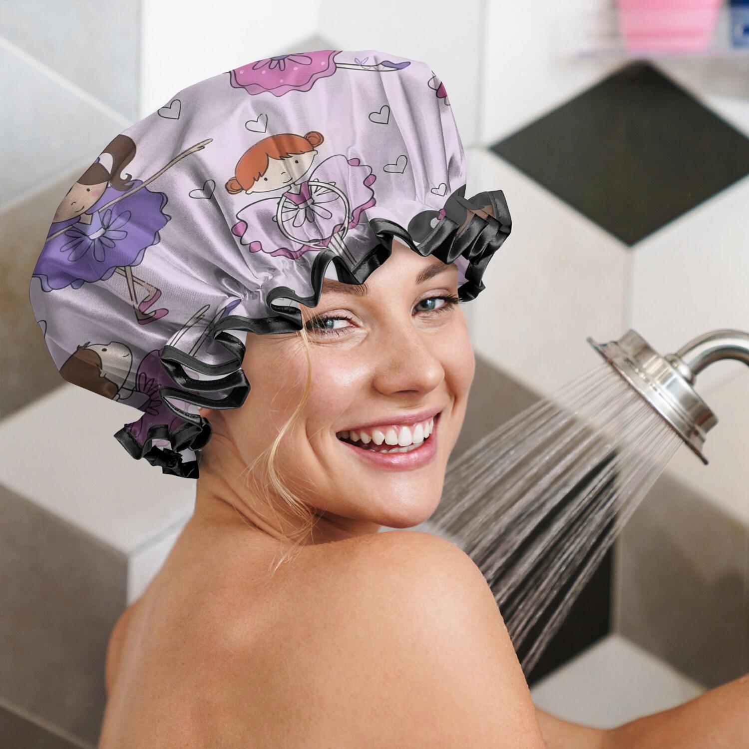 Shower Caps,Ballet Princess Girls Pattern Waterproof Shower Cap for Women 4 Pieces,Double Reusable Hair Cover for Shower PEVA Elastic Stretch Hem