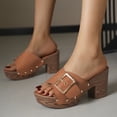 thumbnail image 5 of SACFOF Women's Slide Heeled Sandals Opened Square Toe Chunky Block Heel Slippers with Buckle Slip on Long Womens Slippers, 5 of 6
