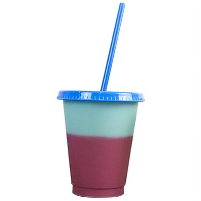 Creative Color Changing Cup with Lid and Straw Reusable Plastic Short Cold Drink Cup for Adult Children(Orange)
