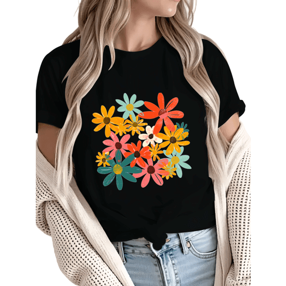 Giffimy Women's Vintage Multicolor Daisy Cluster Retro Distressed Graphic Short Sleeve T-Shirt Casual Crewneck Top