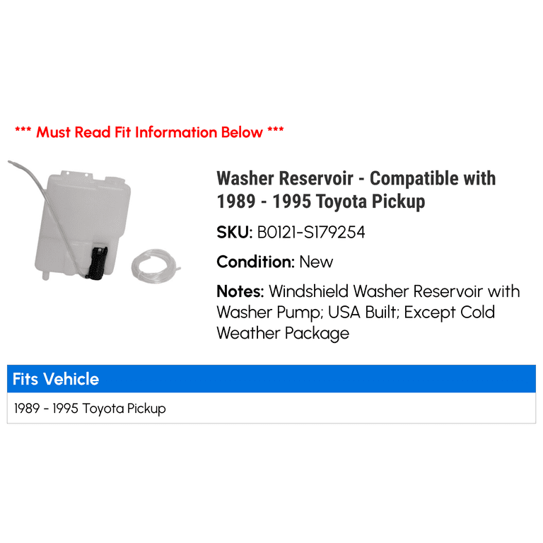 Windshield Washer Reservoir For 1989-1995 Toyota Pickup (US Models, No Cold Weather Pkg) – Includes Washer Pump