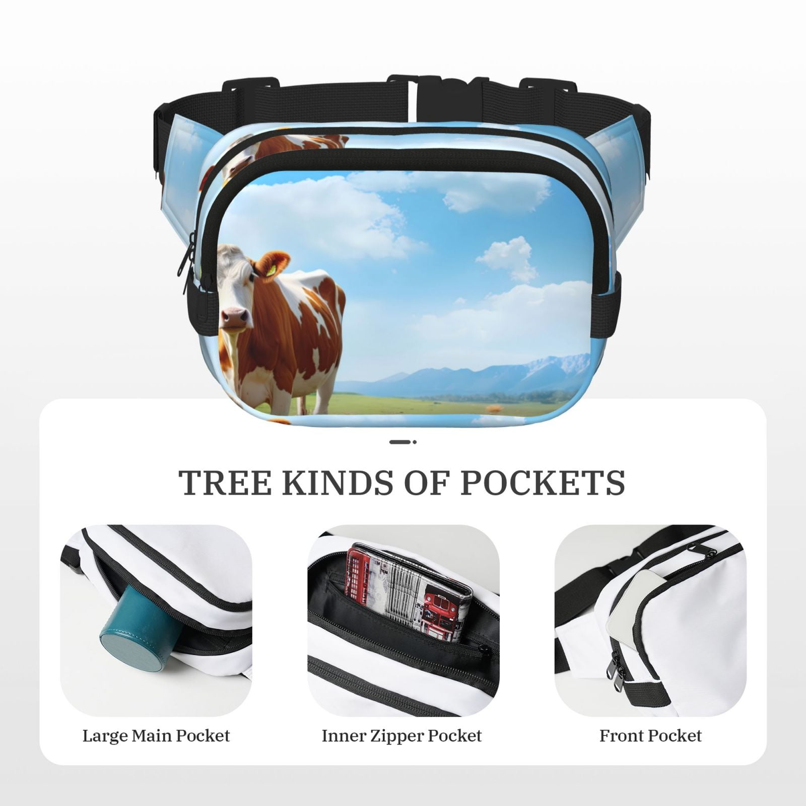 Picia Cow Grazing Nature Print Square Double-Layer Waist Bag Mini Adjustable Waist Belt Bag Exercise Running Travel Hiking