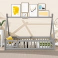 thumbnail image 2 of Twin Floor Bed with Fence and Door, Wooden Montessori Bed Frame with Sturdy Slats Support, Tent-Shaped House Teepee Bed with Triangle Structure, Bedroom Furniture for Boys Girls, Gray, 2 of 7