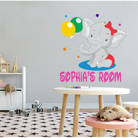 ANIMALS - Home Living Room Customized Name Lettering Art Decoration Female Baby Elephant Animal Art Design Vinyl Adhesive Wall Decal - Kids Nursery Bedroom Multicolored Wall Décor Sticker 10" x 10"