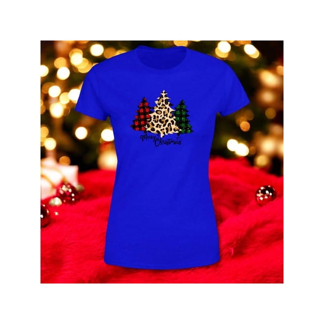 Playera Blusa Con estampado de Pinos De Navidad Merry Christmas Color Azul Talla Chica Marca Emil SaEs