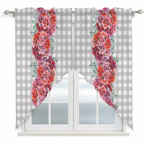 Spring Flowers Swag Curtains for Kitchen/Bedroom/Living Room, Botanical Floral Eucalyptus Leaves Grey Plaid Scalloped Curtains 63 Inch Long, Window Swag Topper Curtains Valances 2 Panels Set 36"x63"