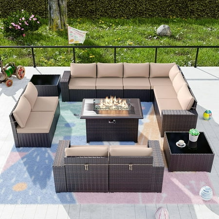 Gotland 13 Pieces Outdoor Patio Furniture with 43 50000BTU Gas Propane Fire Pit Table PE Wicker Rattan Sectional Sofa Patio Conversation Sets Sand