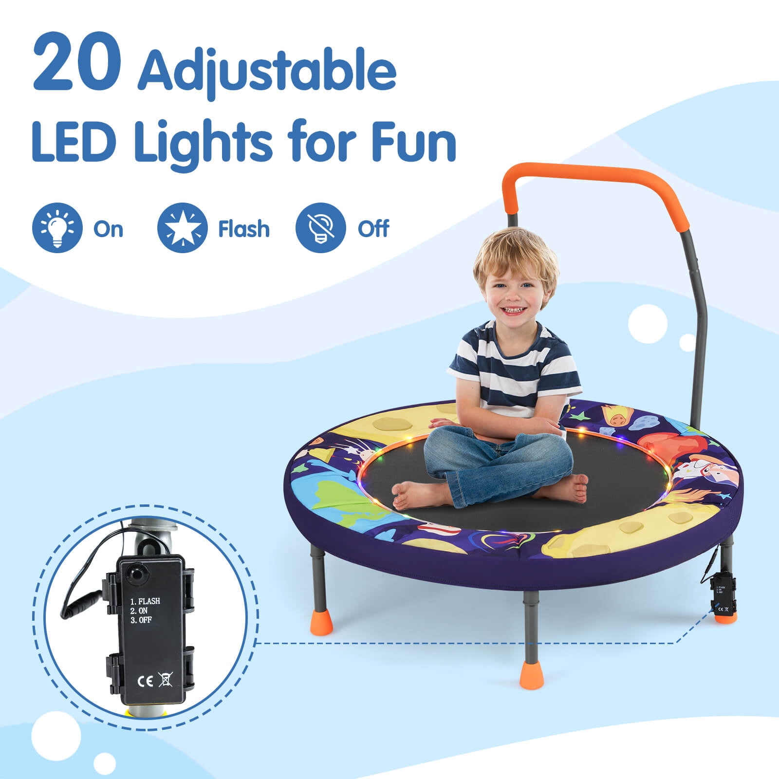Infans 36" Foldable Kid Trampoline w/ 20 LED Lights Foam Handlebar Padded Safety Cover