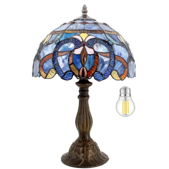 Table Lamp Tiffany Style Bedside Lamp-Blue Purple Stained Glass Reading Antique Desk Light 18 Inch Tall, Lover Livingroom Bedroom Office Library Banker Victorian Vintage