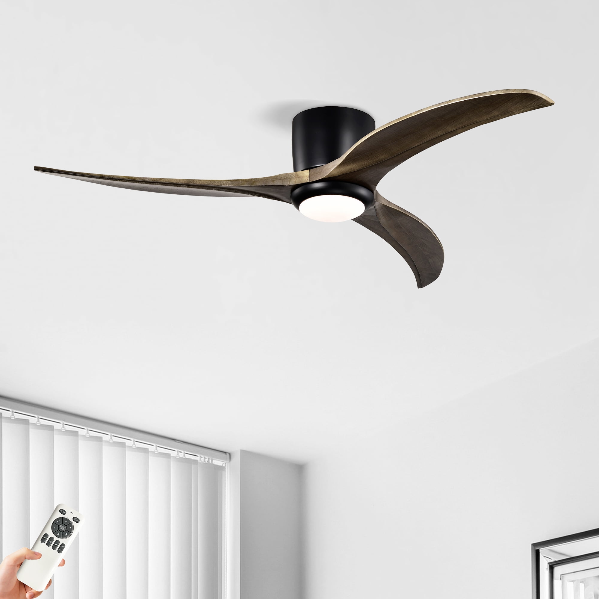 52 Inch Flush Mount Ceiling Fan, Solid Wood Blades Ceiling Fan with Light with Remote Control for Patio, Matte Black