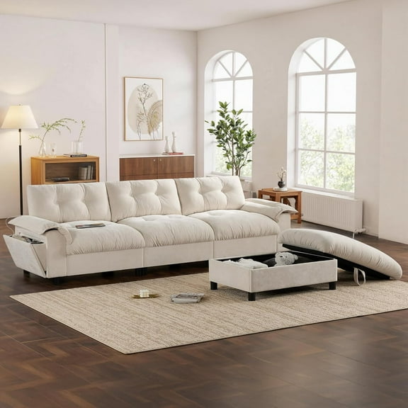 104" Cloud Couch Sectional Sofa with Storage Ottoman, L Shaped Modular Sofa with Cup Holder & Side Storage Pockets & USB Charging Port, Chenille 4-Seat Sofa for Living Room