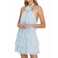 thumbnail image 4 of Womens Backless Halter Neck 3D Floral Applique Layered Ruffled Hem Short Mini Dress Party Wear Light Blue M, 4 of 9