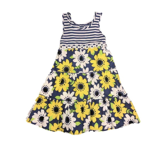 Girls Navy & White Striped Spring Dress Floral Tiered Skirt Summer Dress 6