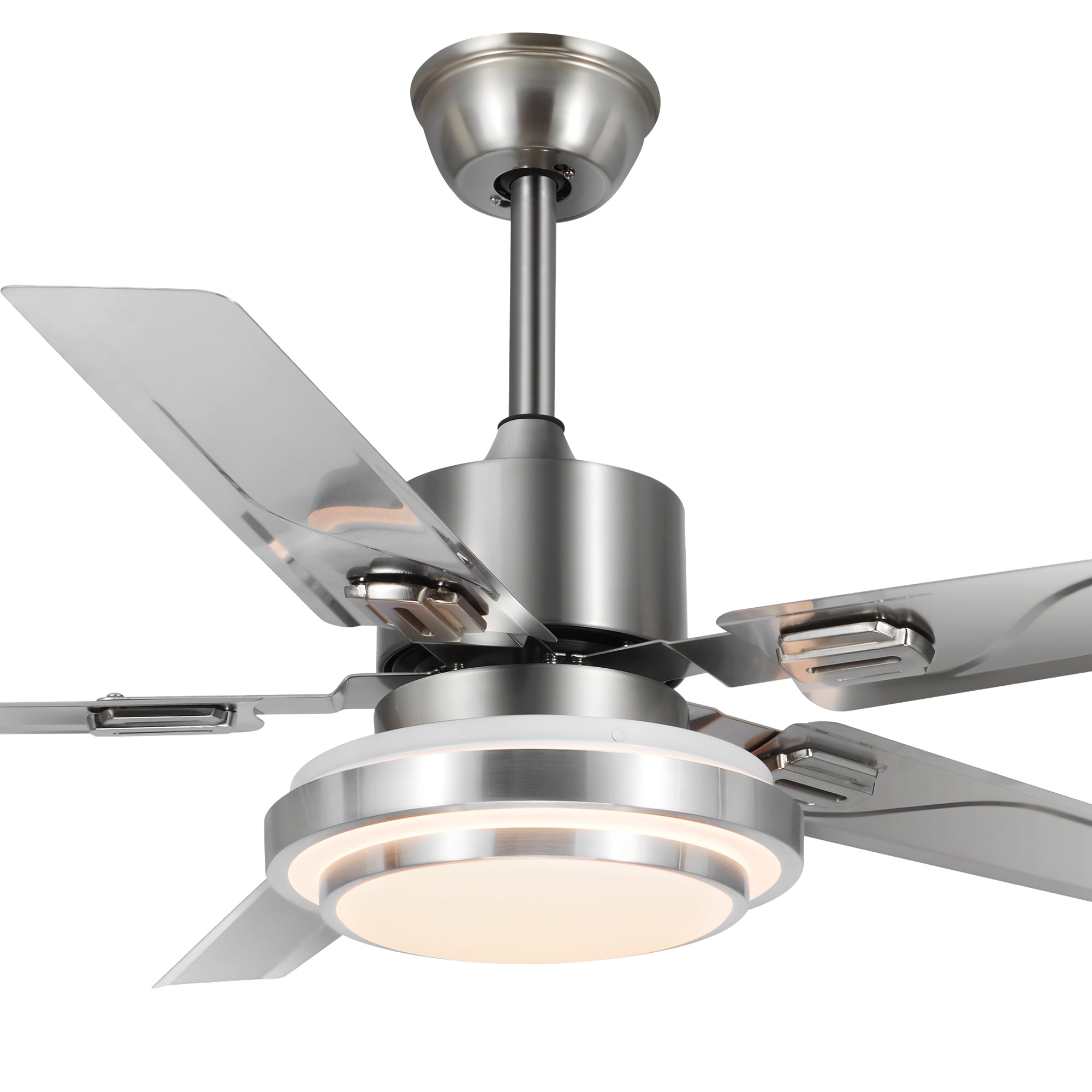 48" Stainless Steel Ceiling Fan with LED Light - 5 Blade Industrial Chandelier Fan, 5000 CFM Brushed Silver & Remote Control, Adjustable Downrod (10''/20'') for Restaurant/Loft, Anti-Rust Iron Frame