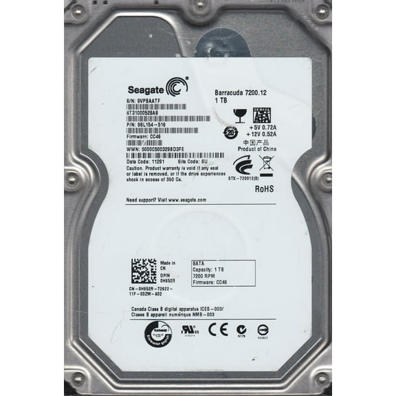ST31000528AS, 9VP, SU, PN 9SL154-516, FW CC46, Seagate 1TB SATA 3.5 Hard Drive