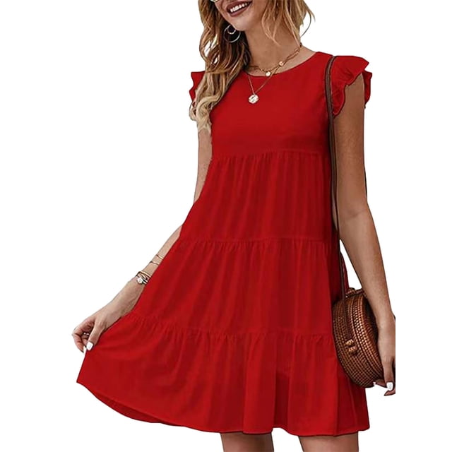 Lucakuins Mujeres Casual Plisado Vestido Corto, Adultos Primavera Color Sólido Cuello Redondo Manga Corta Mini Vestido Lucakuins moda