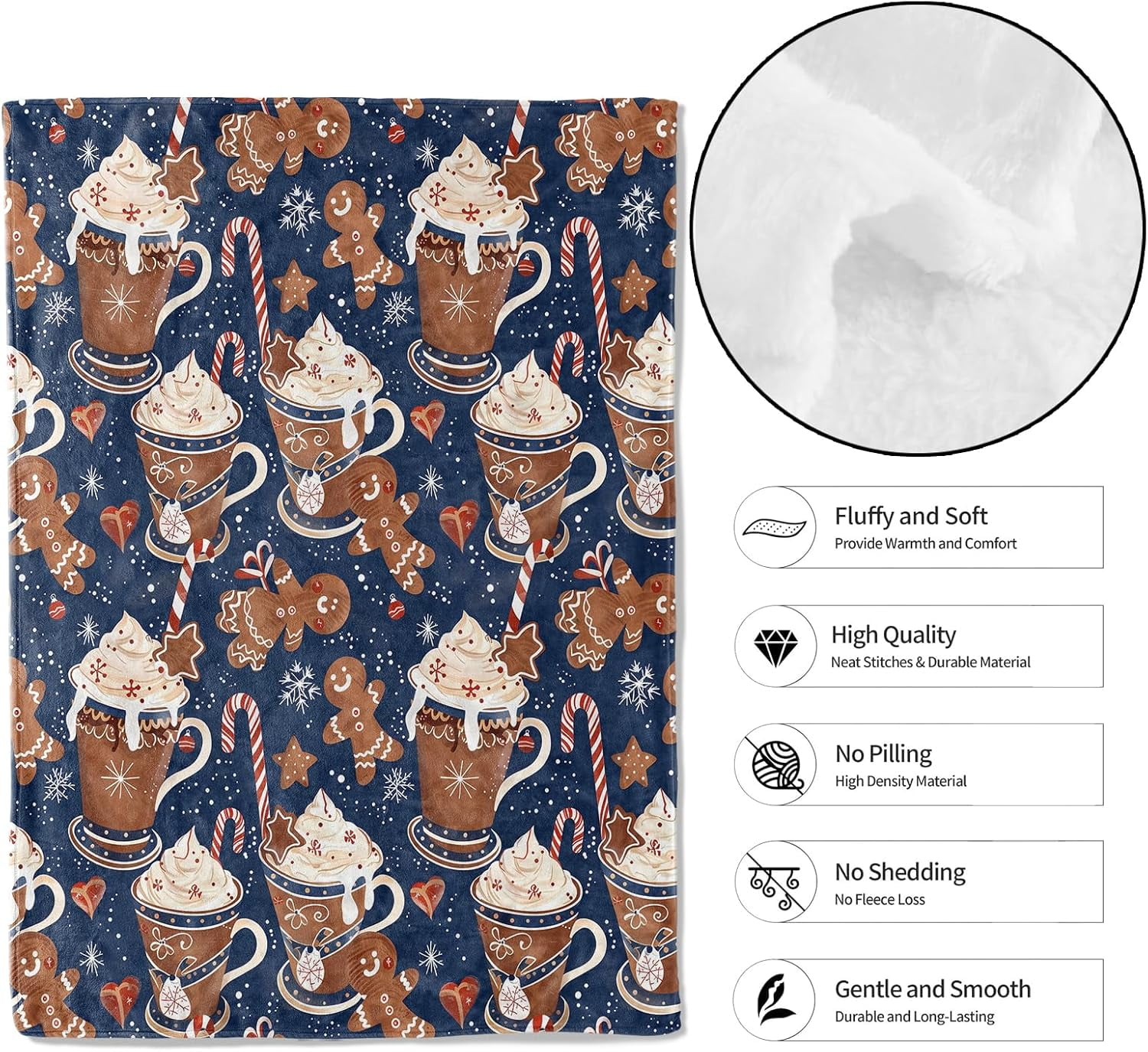Funny Gingerbread Blue Throw Blanket 50x60in Soft Lightweight Flannel, Food Cocoa Cup Creamy Candy Cane Star Blankets - Gifts for Adult, for Couch Office Travel Home Living Room Christmas Decor