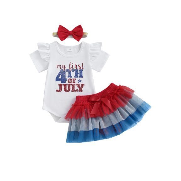 BemeyourBBs Girls Patriotic Outfit Letter Print Rompers and Tulle Skort Headband