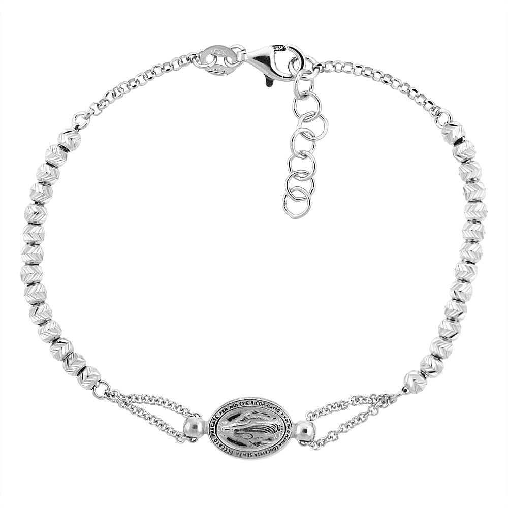 925 Sterling Silver Rhodium Virgin Mary Medal DC Beads Bracelet 8mm