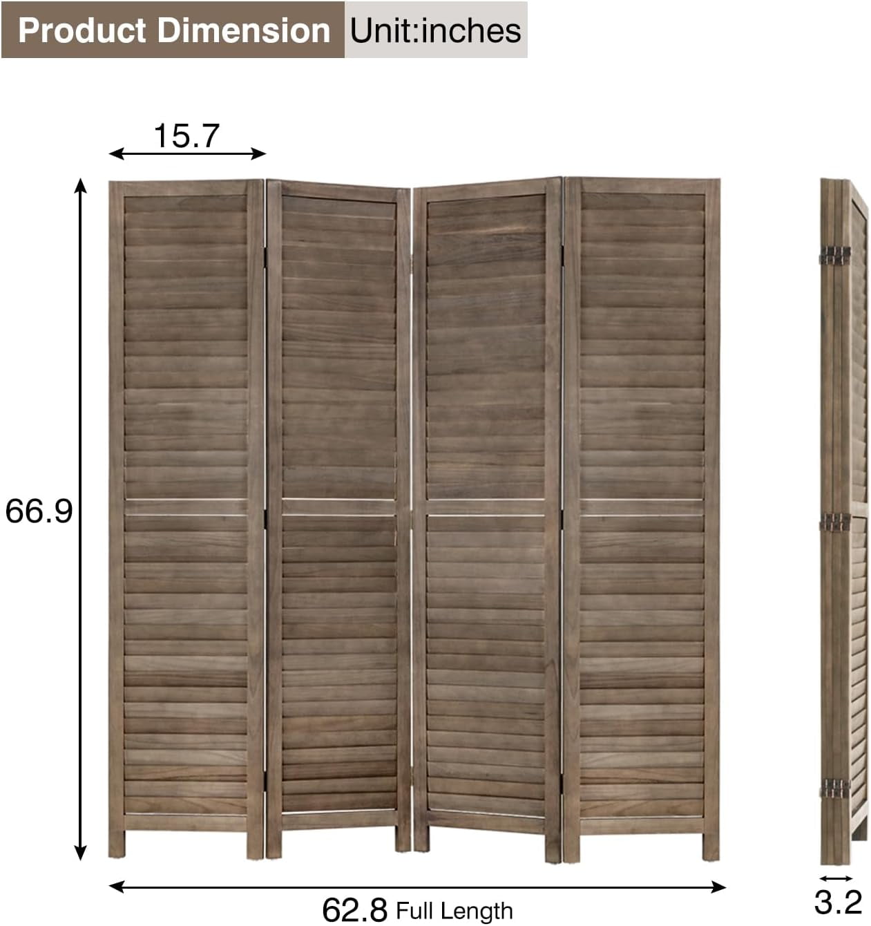 FDW Room Divider Partition 4 Panel Privacy Screen Folding Screen Wood Frame Screen for Home Office Bedroom,Brown