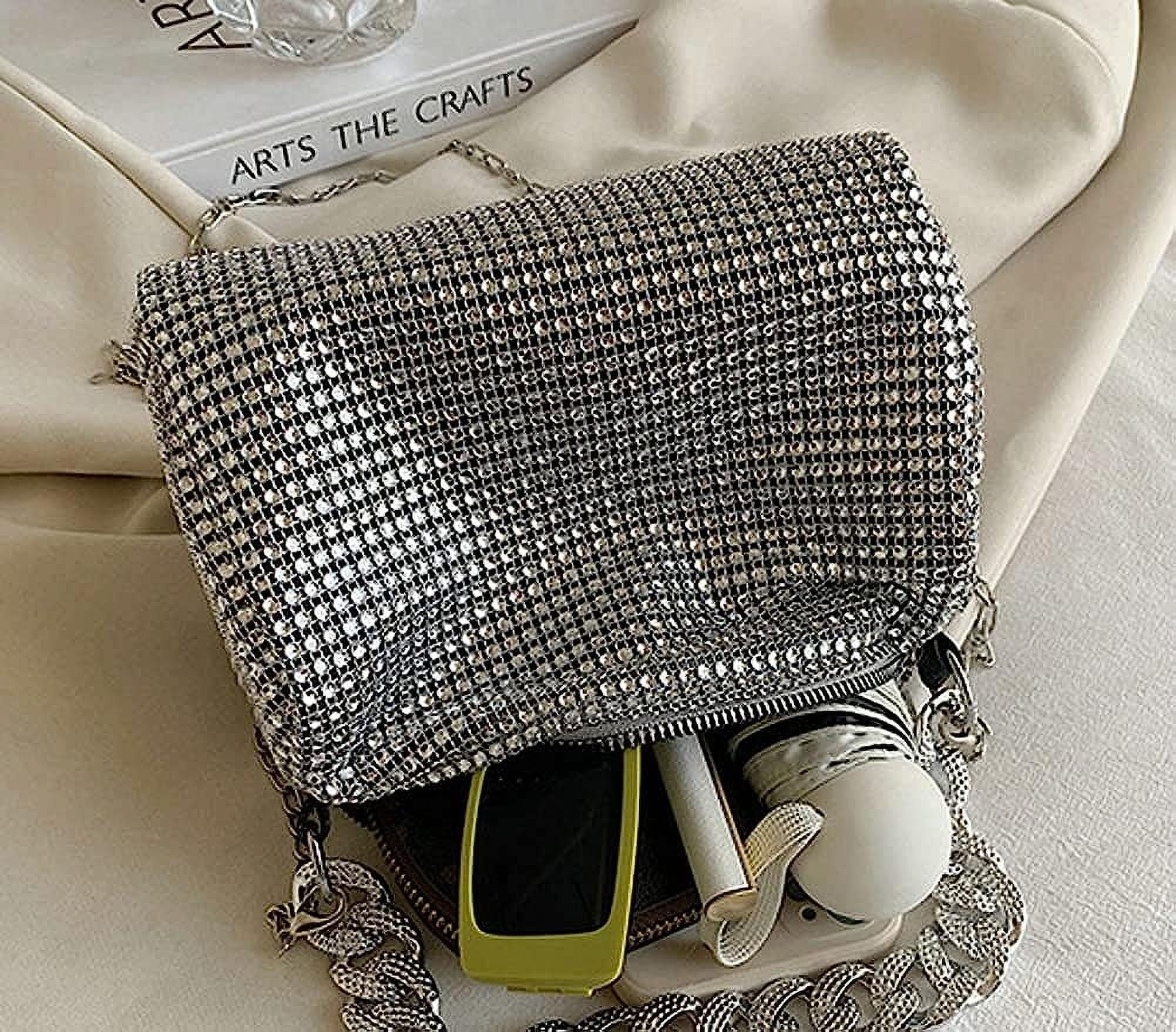 Kukuzhu Rhinestone Clutch for Women Sparkling Chain Evening Handbags Silver Purse Bling Hobo Handbag for Wedding Cocktail Party