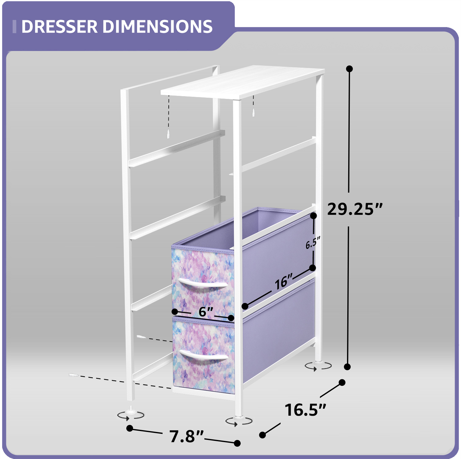 Sorbus Kids 4-Drawer Narrow Dresser, Slim Vertical Storage Chest, Tie-Dye Purple