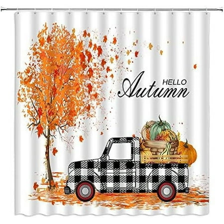 

Fall Pumpkin Shower Curtain Harvest Thanksgiving Autumn Orange Maple Tree Yellow Fallen Leaf Flower Rustic Wooden Board Plank Country Farmhouse Bathroom Decor Fabric with Hook