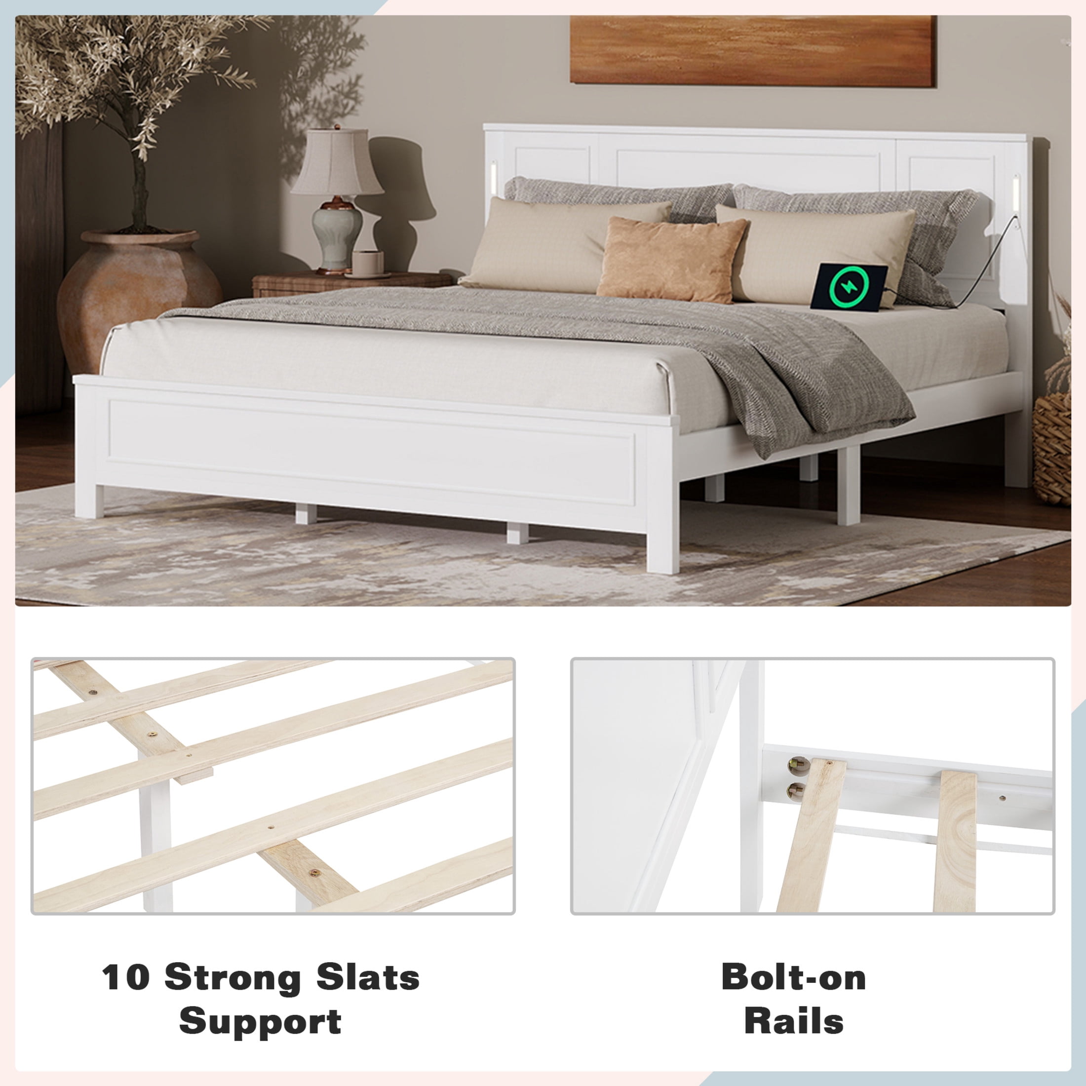 Noble House Nesta King Bed Frame with LED Headboard and USB Charging Station, Solid Pine Wood, Kid's Room, White